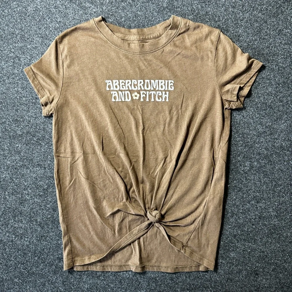 Abercrombie Kids Brown Graphic Tie Front T-Shirt Size 9/10 Retro Logo Tee